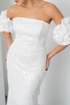 Kadın Beyaz Kol Detay Boncuklu Uzun Abiye Elbise