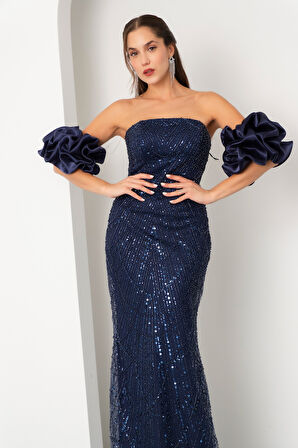 Kadın Lacivert Kol Detay Boncuklu Uzun Abiye Elbise