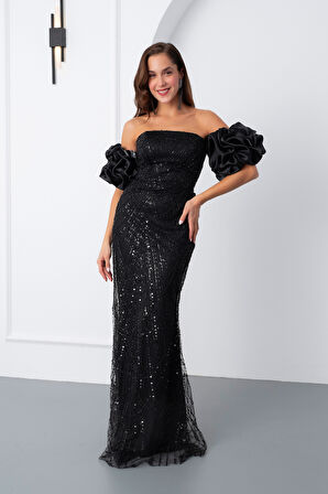 Kadın Siyah Kol Detay Boncuklu Uzun Abiye Elbise