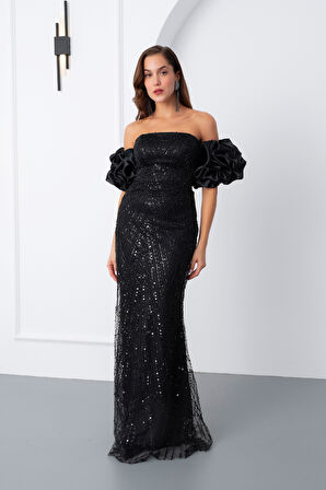 Kadın Siyah Kol Detay Boncuklu Uzun Abiye Elbise