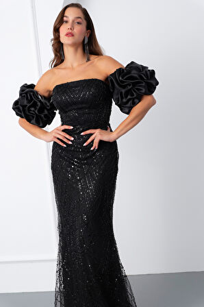 Kadın Siyah Kol Detay Boncuklu Uzun Abiye Elbise