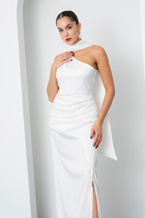 Kadın Beyaz Fular Yaka Yırtmaçlı Uzun Saten Abiye Elbise