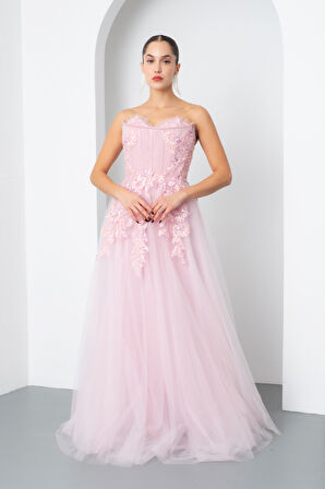 Kadın Pudra Straplez Güpürlü Uzun Tül Abiye Elbise