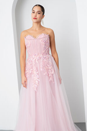 Kadın Pudra Straplez Güpürlü Uzun Tül Abiye Elbise