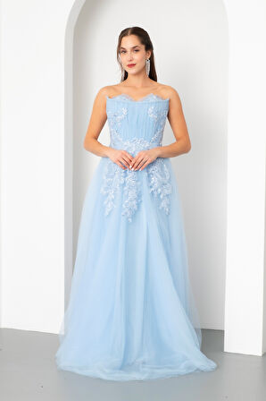 Kadın Bebe Mavi Straplez Güpürlü Uzun Tül Abiye Elbise