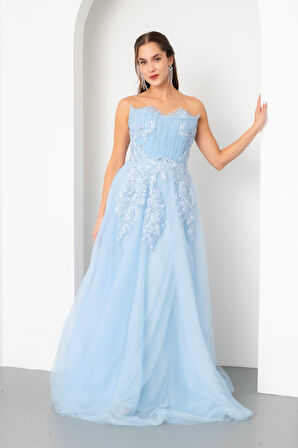 Kadın Bebe Mavi Straplez Güpürlü Uzun Tül Abiye Elbise