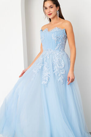 Kadın Bebe Mavi Straplez Güpürlü Uzun Tül Abiye Elbise