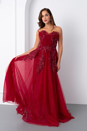 Kadın Bordo Straplez Güpürlü Uzun Tül Abiye Elbise