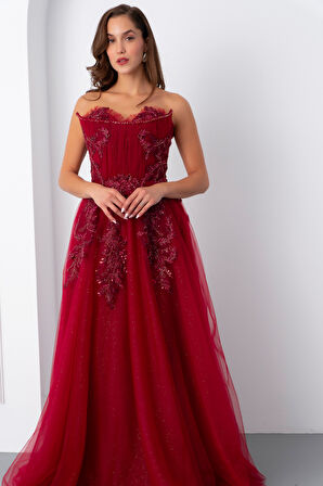 Kadın Bordo Straplez Güpürlü Uzun Tül Abiye Elbise