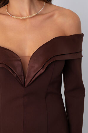 Kadın Kahverengi Kayık Yaka Uzun Balık Abiye Elbise