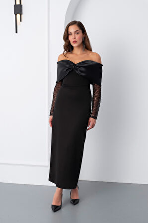 Kadın Siyah Kol Detaylı Fiyonklu Söz Nişan Nikah Abiye Elbise