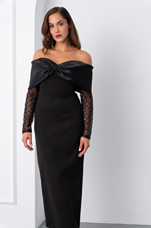 Kadın Siyah Kol Detaylı Fiyonklu Söz Nişan Nikah Abiye Elbise