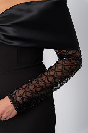 Kadın Siyah Kol Detaylı Fiyonklu Söz Nişan Nikah Abiye Elbise