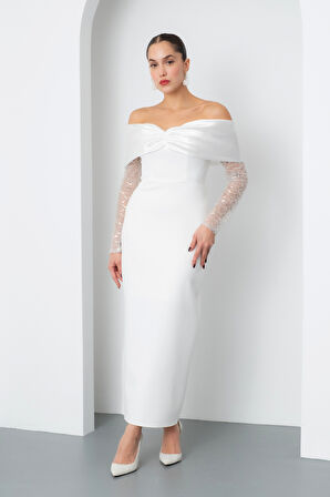 Kadın Beyaz Kol Detaylı Fiyonklu Söz Nişan Nikah Abiye Elbise