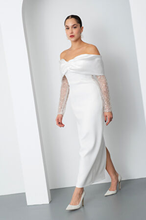 Kadın Beyaz Kol Detaylı Fiyonklu Söz Nişan Nikah Abiye Elbise