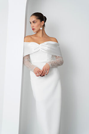 Kadın Beyaz Kol Detaylı Fiyonklu Söz Nişan Nikah Abiye Elbise