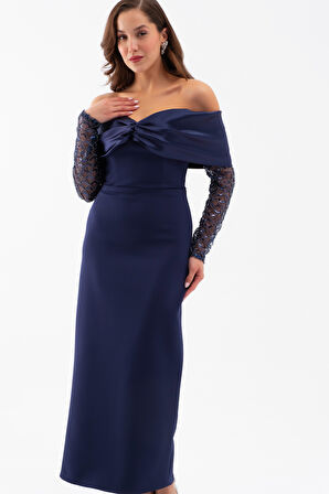 Kadın Lacivert Kol Detaylı Fiyonklu Söz Nişan Nikah Abiye Elbise