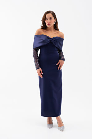 Kadın Lacivert Kol Detaylı Fiyonklu Söz Nişan Nikah Abiye Elbise