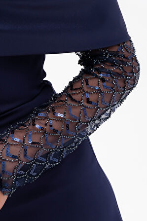 Kadın Lacivert Kol Detaylı Fiyonklu Söz Nişan Nikah Abiye Elbise