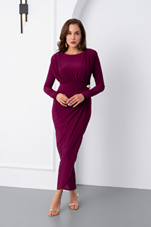 Kadın Mürdüm Büzgü Detay Kruvaze Midi Elbise