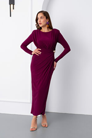 Kadın Mürdüm Büzgü Detay Kruvaze Midi Elbise