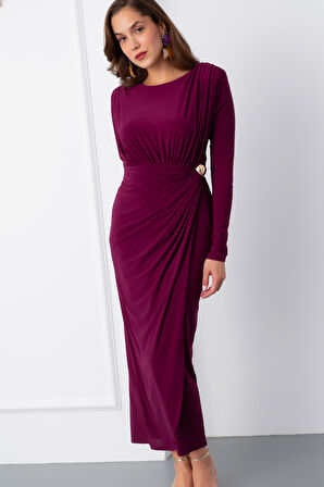 Kadın Mürdüm Büzgü Detay Kruvaze Midi Elbise