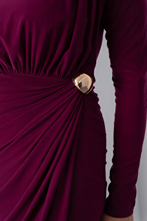 Kadın Mürdüm Büzgü Detay Kruvaze Midi Elbise