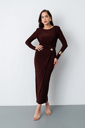 Kadın Kahverengi Büzgü Detay Kruvaze Midi Elbise