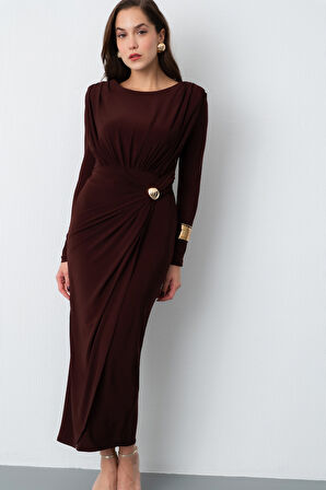 Kadın Kahverengi Büzgü Detay Kruvaze Midi Elbise