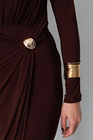 Kadın Kahverengi Büzgü Detay Kruvaze Midi Elbise