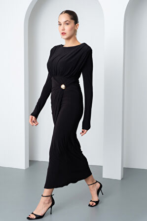Kadın Siyah Büzgü Detay Kruvaze Midi Elbise