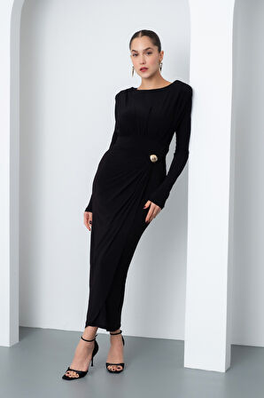 Kadın Siyah Büzgü Detay Kruvaze Midi Elbise