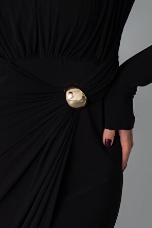 Kadın Siyah Büzgü Detay Kruvaze Midi Elbise