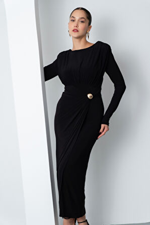 Kadın Siyah Büzgü Detay Kruvaze Midi Elbise