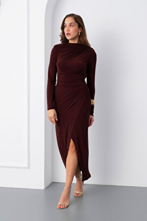 Kadın Kahverengi Uzun Kol Drapeli Uzun Elbise