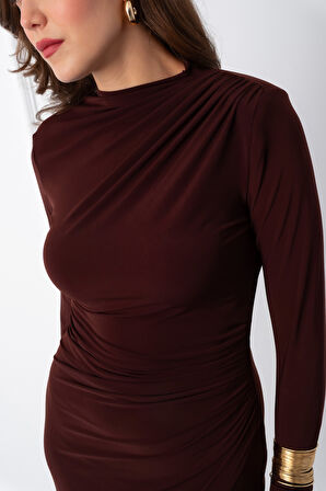 Kadın Kahverengi Uzun Kol Drapeli Uzun Elbise