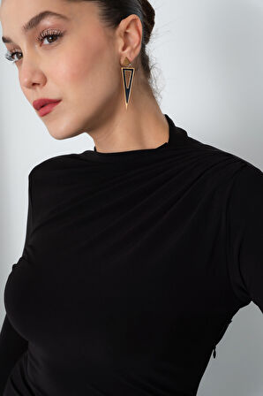 Kadın Siyah Uzun Kol Drapeli Uzun Elbise