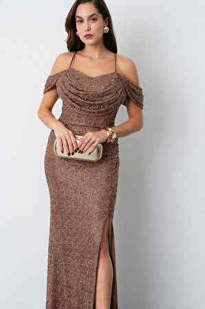 Kadın Kahverengi Omuz Dekolteli Boncuklu Uzun Abiye Elbise