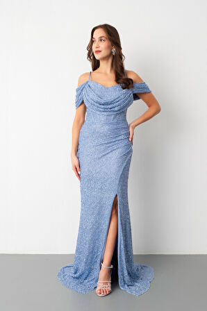 Kadın Bebe Mavi Omuz Dekolteli Boncuklu Uzun Abiye Elbise