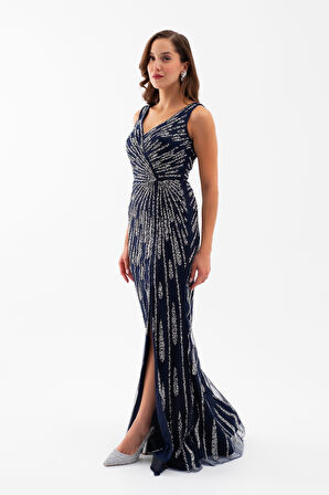 Kadın Lacivert Kolsuz V Yaka Yırtmaçlı Uzun Taşlı Balık Abiye