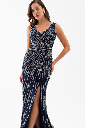 Kadın Lacivert Kolsuz V Yaka Yırtmaçlı Uzun Taşlı Balık Abiye