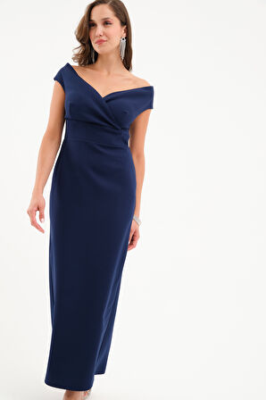 Kadın Lacivert Kruvaze Yaka Midi Elbise