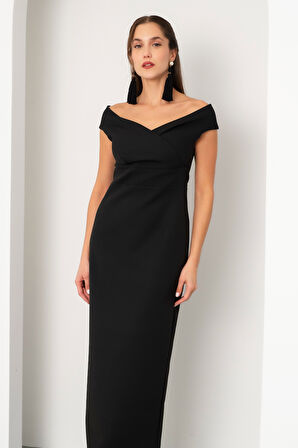 Kadın Siyah Kruvaze Yaka Midi Elbise