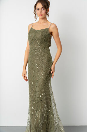 Kadın Haki Askılı Boncuklu Uzun Balık Abiye Elbise