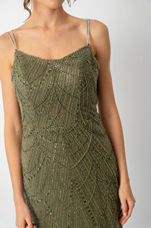 Kadın Haki Askılı Boncuklu Uzun Balık Abiye Elbise