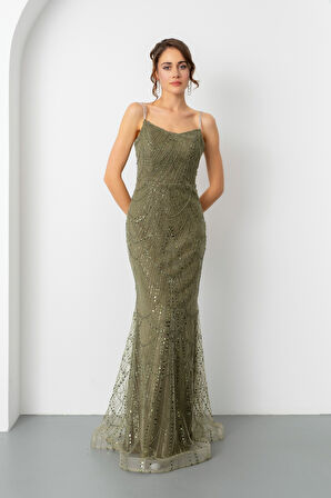 Kadın Haki Askılı Boncuklu Uzun Balık Abiye Elbise