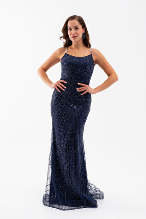 Kadın Lacivert Askılı Boncuklu Uzun Balık Abiye Elbise