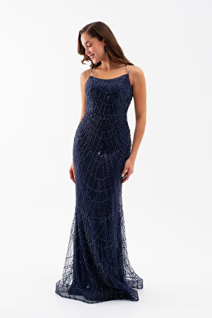 Kadın Lacivert Askılı Boncuklu Uzun Balık Abiye Elbise