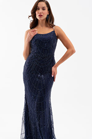 Kadın Lacivert Askılı Boncuklu Uzun Balık Abiye Elbise