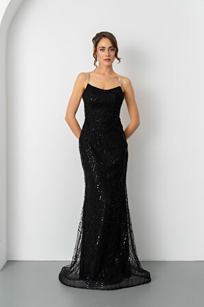 Kadın Siyah Askılı Boncuklu Uzun Balık Abiye Elbise